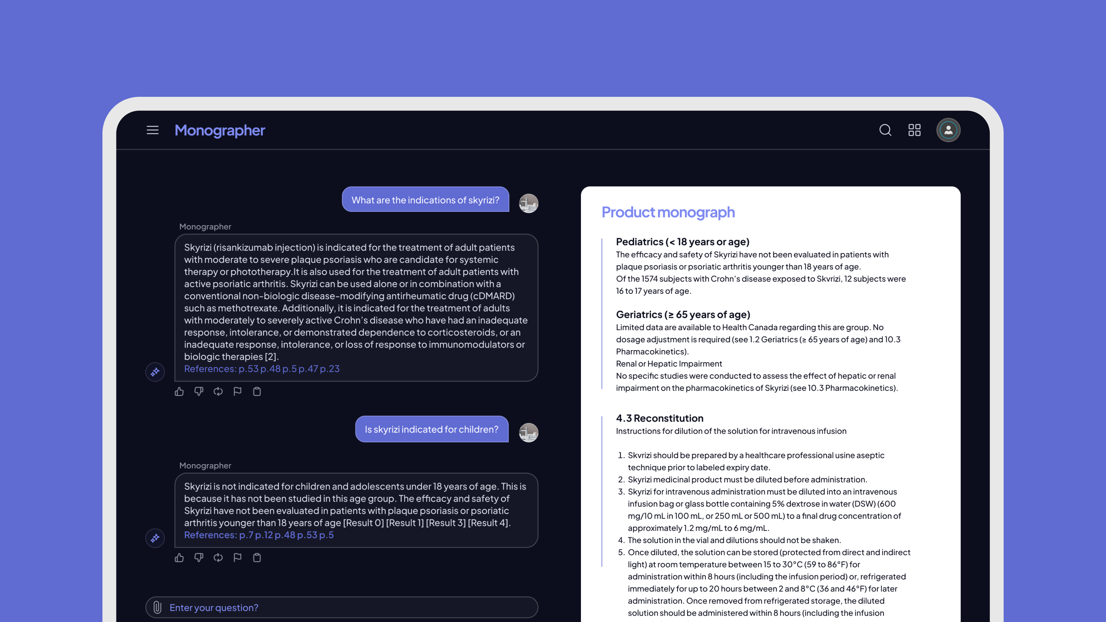 Monographer desktop interface showing a user interaction with the AI on the left and the referenced Product Monograph on the right